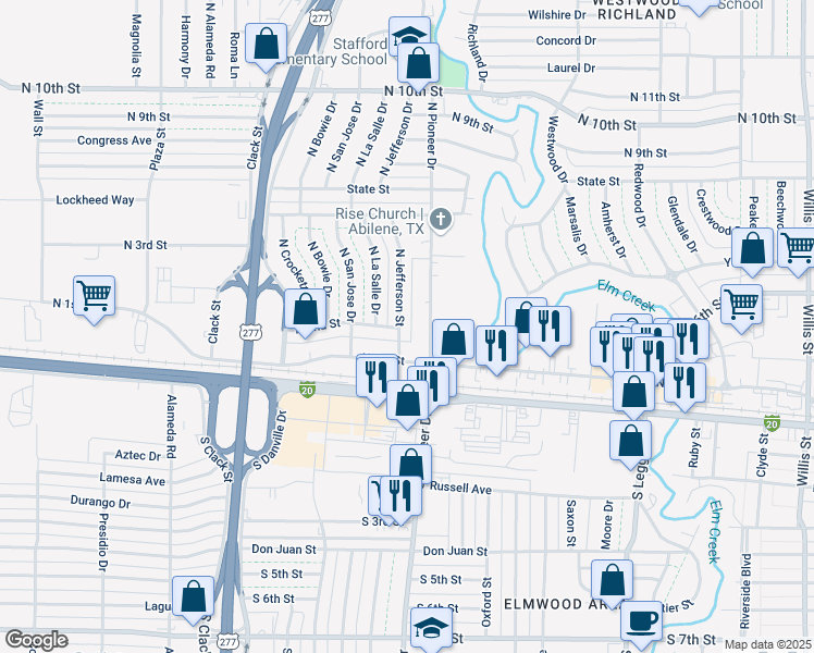 map of restaurants, bars, coffee shops, grocery stores, and more near 201 North Jefferson Street in Abilene