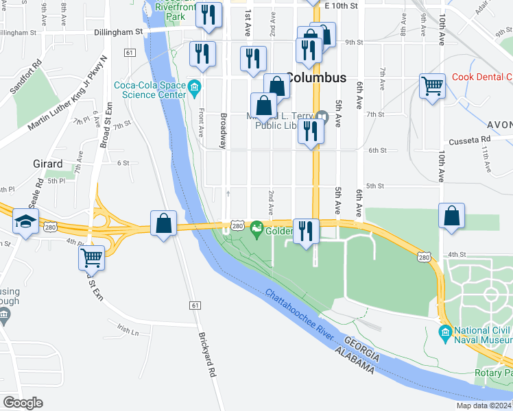 map of restaurants, bars, coffee shops, grocery stores, and more near 412 1st Avenue in Columbus
