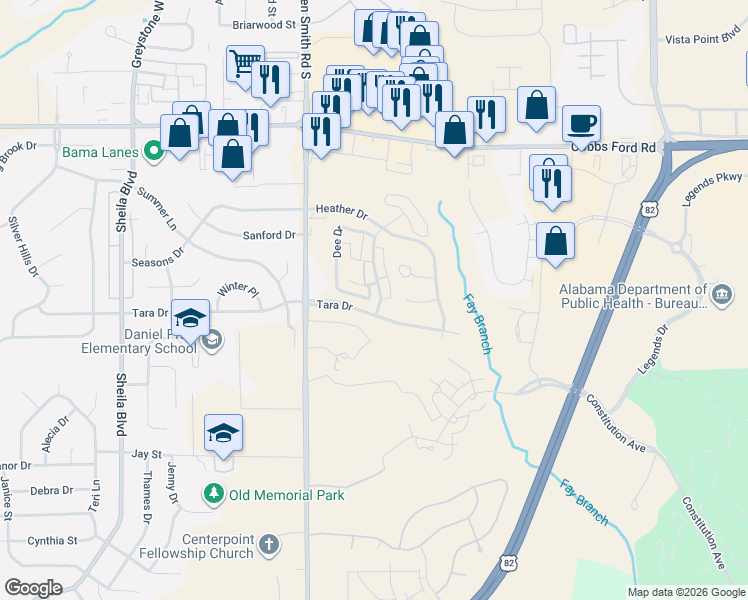 map of restaurants, bars, coffee shops, grocery stores, and more near 884 Dee Drive in Prattville
