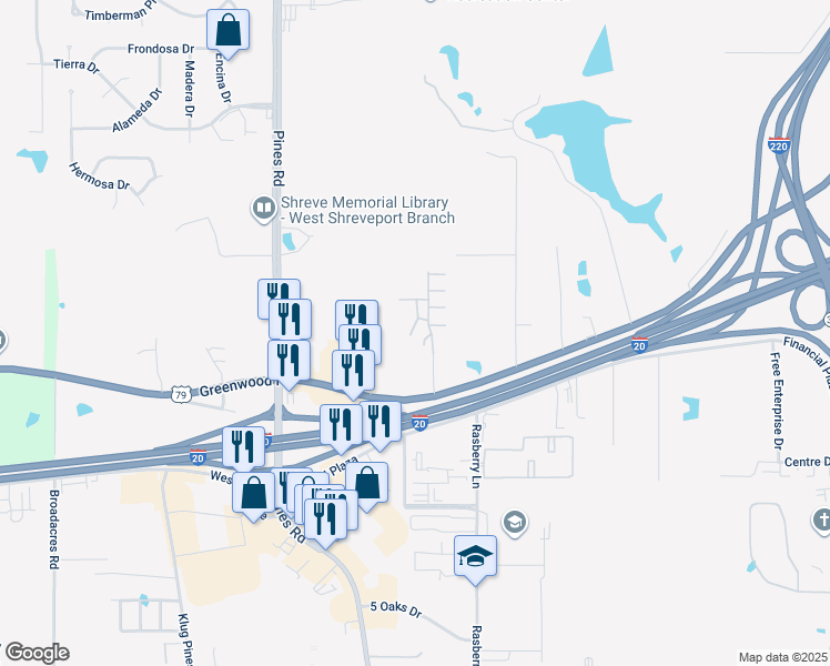 map of restaurants, bars, coffee shops, grocery stores, and more near 4440 Danny R Wimberly Dr in Shreveport