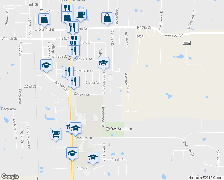 map of restaurants, bars, coffee shops, grocery stores, and more near 624 Johnathon Court in Joshua