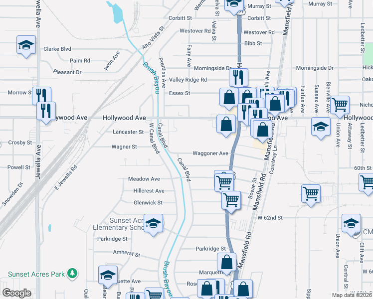 map of restaurants, bars, coffee shops, grocery stores, and more near 2774 Waggoner Avenue in Shreveport
