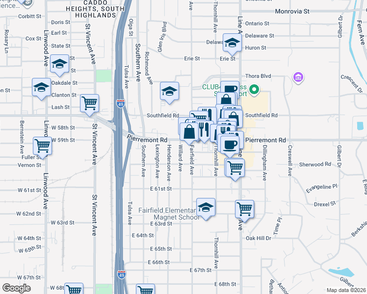 map of restaurants, bars, coffee shops, grocery stores, and more near 5912 Willard Avenue in Shreveport