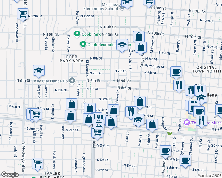 map of restaurants, bars, coffee shops, grocery stores, and more near 1945 North 5th Street in Abilene