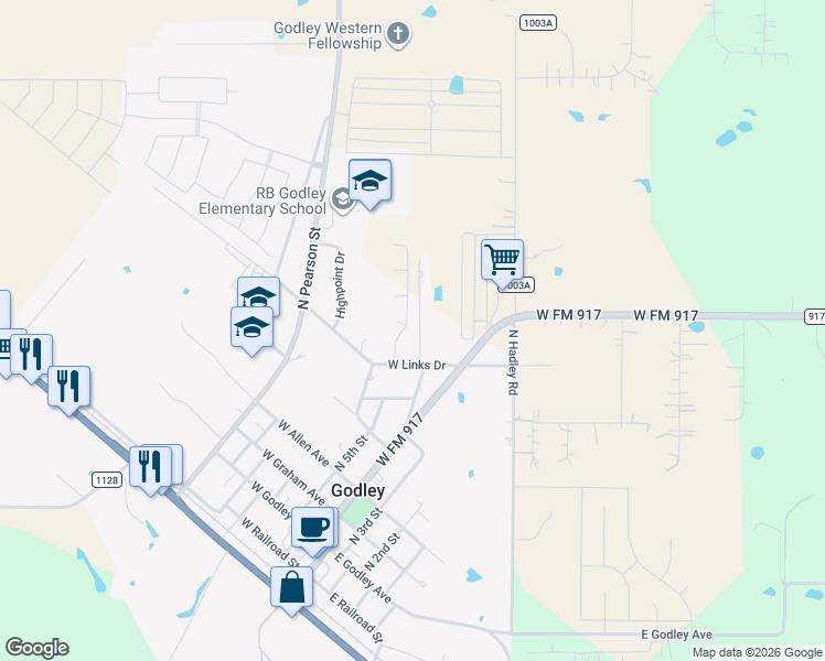 map of restaurants, bars, coffee shops, grocery stores, and more near 112 West Links Drive in Godley