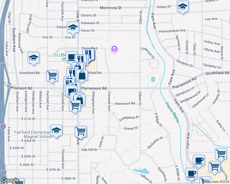 map of restaurants, bars, coffee shops, grocery stores, and more near 535 Pierremont Road in Shreveport