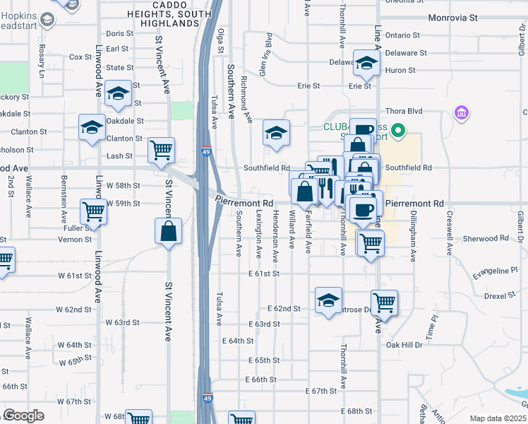 map of restaurants, bars, coffee shops, grocery stores, and more near 5911 Lexington Avenue in Shreveport