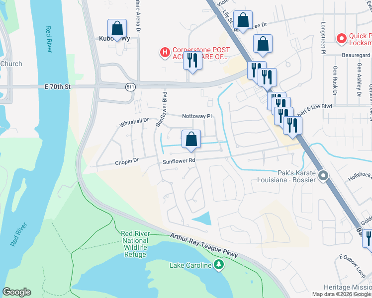 map of restaurants, bars, coffee shops, grocery stores, and more near 1416 Magnolia Ridge in Bossier City