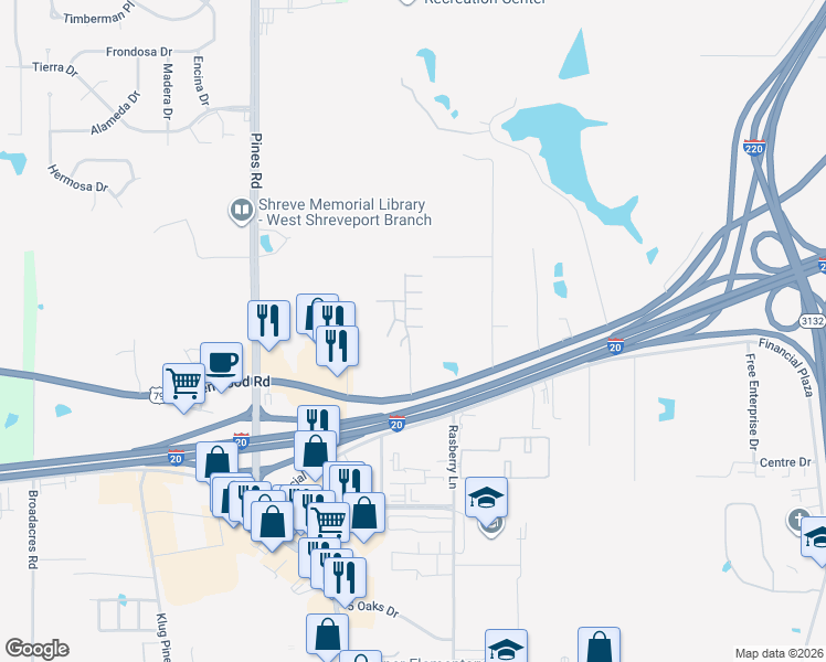 map of restaurants, bars, coffee shops, grocery stores, and more near Danny R Wimberly Drive in Shreveport