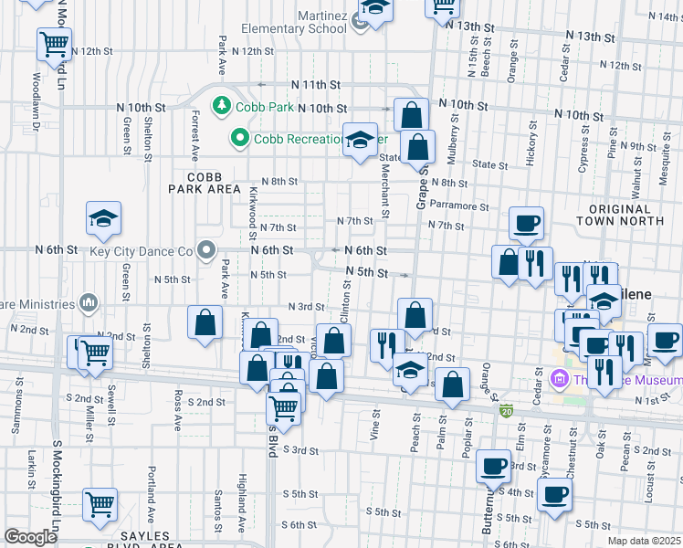 map of restaurants, bars, coffee shops, grocery stores, and more near 449 Clinton Street in Abilene