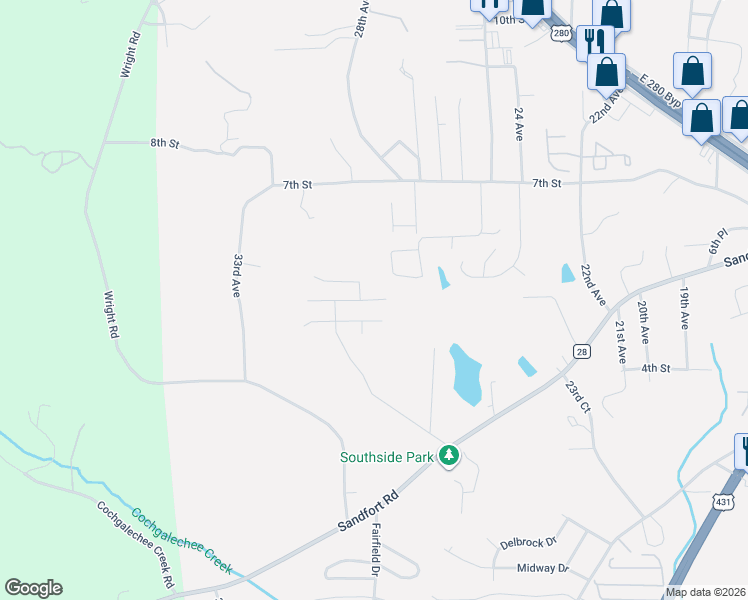 map of restaurants, bars, coffee shops, grocery stores, and more near 2605 Orchard Street in Phenix City