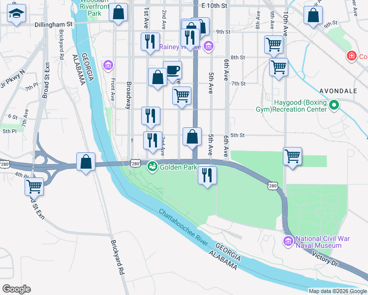 map of restaurants, bars, coffee shops, grocery stores, and more near 424 3rd Avenue in Columbus