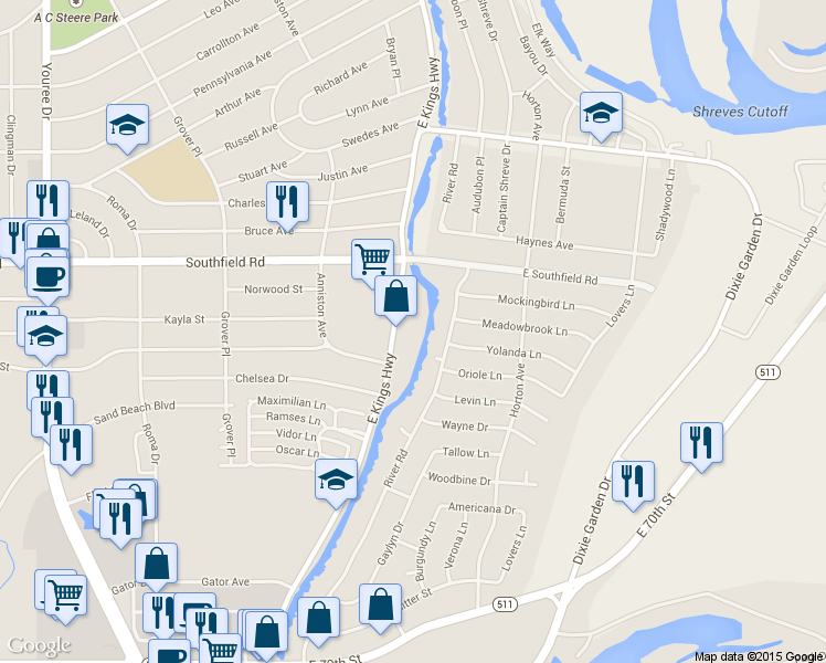 map of restaurants, bars, coffee shops, grocery stores, and more near 5817 E Kings Hwy in Shreveport