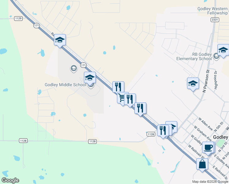 map of restaurants, bars, coffee shops, grocery stores, and more near 8901 Texas 171 in Godley