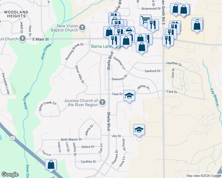 map of restaurants, bars, coffee shops, grocery stores, and more near 1803 Tara Drive in Prattville