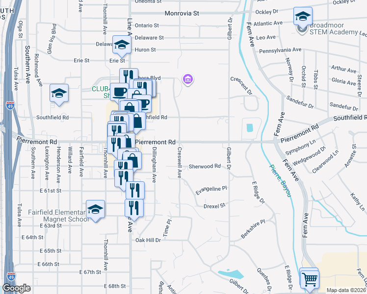 map of restaurants, bars, coffee shops, grocery stores, and more near 535 Pierremont Road in Shreveport