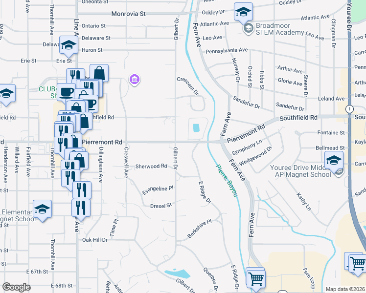 map of restaurants, bars, coffee shops, grocery stores, and more near 5912 East Ridge Drive in Shreveport