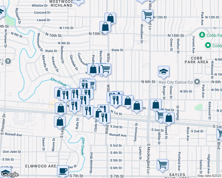 map of restaurants, bars, coffee shops, grocery stores, and more near 401 North Willis Street in Abilene