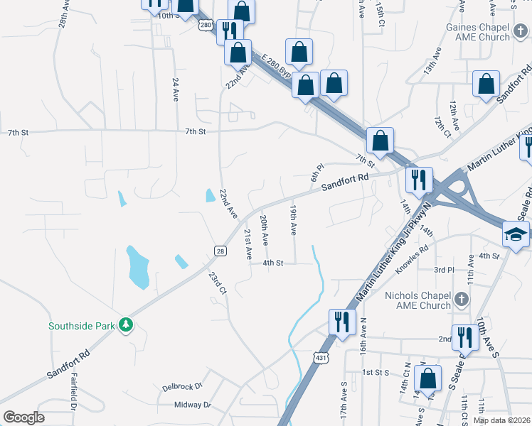 map of restaurants, bars, coffee shops, grocery stores, and more near 2003 Sandfort Road in Phenix City
