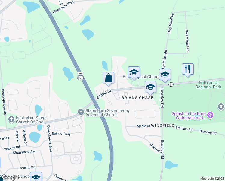 map of restaurants, bars, coffee shops, grocery stores, and more near Georgia 24 in Statesboro