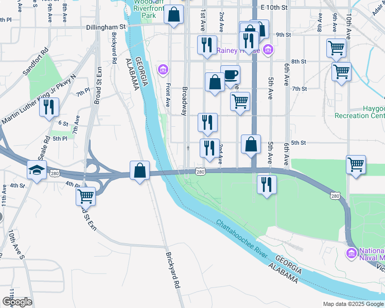 map of restaurants, bars, coffee shops, grocery stores, and more near 416 Broadway in Columbus