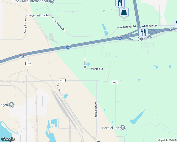 map of restaurants, bars, coffee shops, grocery stores, and more near 2840 Monroe Street in Longview
