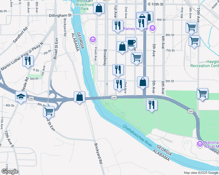 map of restaurants, bars, coffee shops, grocery stores, and more near 428 Broadway in Columbus