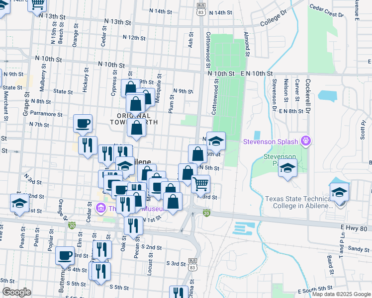 map of restaurants, bars, coffee shops, grocery stores, and more near 533 Ash Street in Abilene
