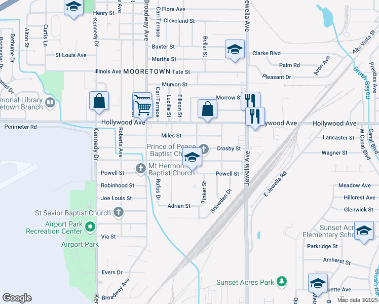 map of restaurants, bars, coffee shops, grocery stores, and more near 3918 Mayfield Street in Shreveport