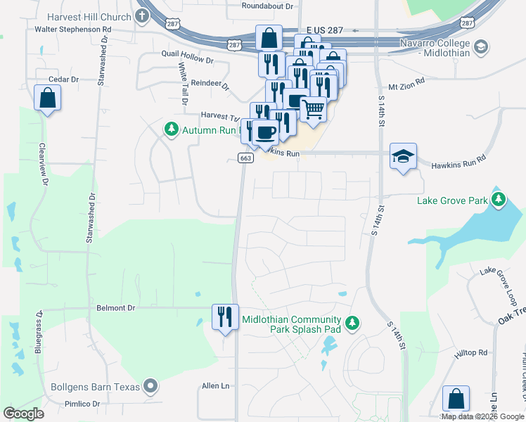 map of restaurants, bars, coffee shops, grocery stores, and more near 218 Brook Meadow Drive in Midlothian