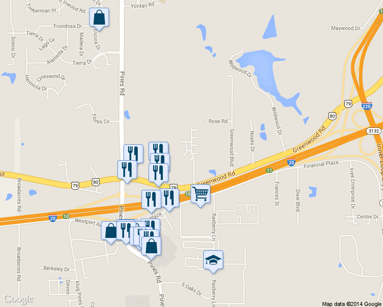 map of restaurants, bars, coffee shops, grocery stores, and more near Danny R Wimberly Drive in Shreveport