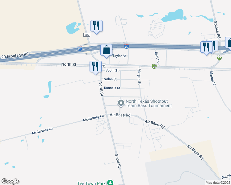 map of restaurants, bars, coffee shops, grocery stores, and more near 129 Concho Street in Tye