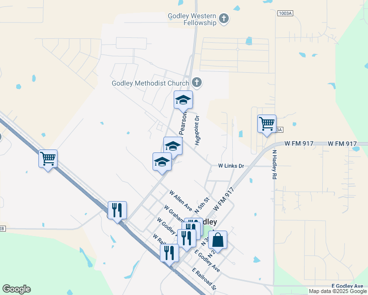 map of restaurants, bars, coffee shops, grocery stores, and more near 412 North Pearson Street in Godley