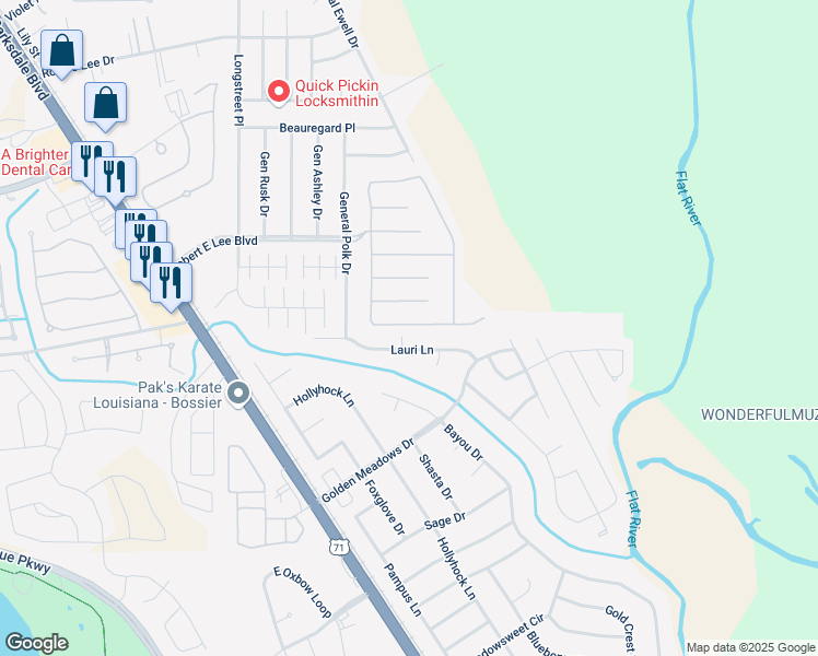 map of restaurants, bars, coffee shops, grocery stores, and more near 418 Antietam Drive in Bossier City