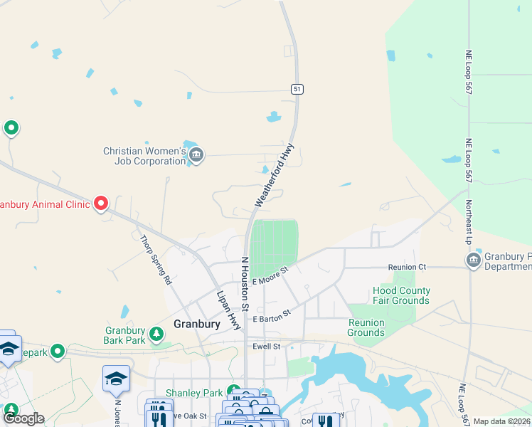 map of restaurants, bars, coffee shops, grocery stores, and more near Houston Street in Granbury