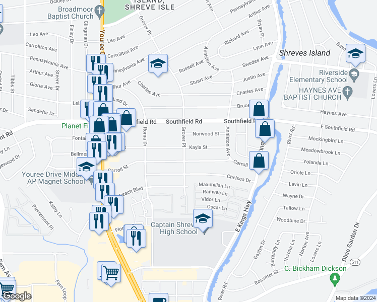 map of restaurants, bars, coffee shops, grocery stores, and more near 153 Kayla Street in Shreveport