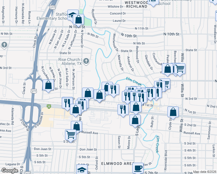 map of restaurants, bars, coffee shops, grocery stores, and more near 60 Harvard Place in Abilene