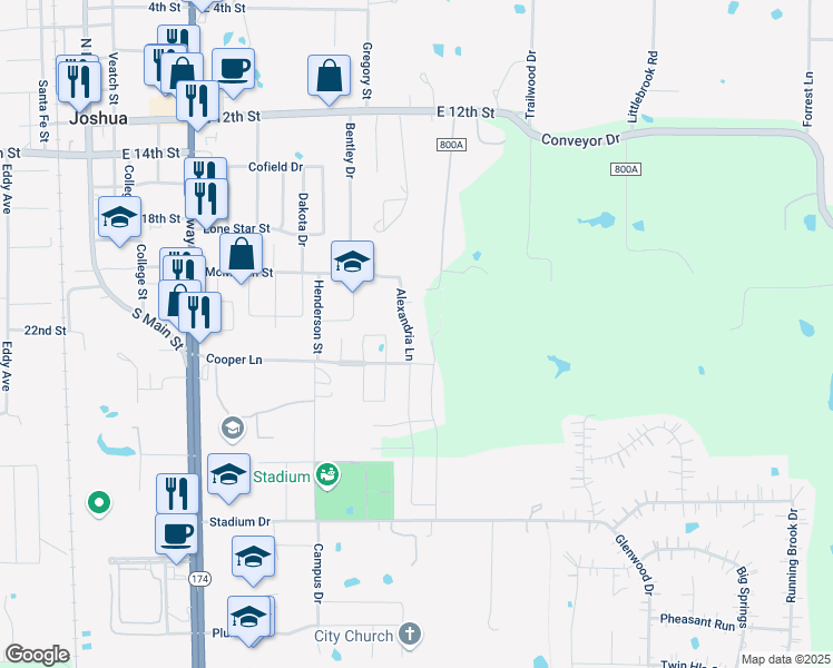 map of restaurants, bars, coffee shops, grocery stores, and more near 621 Alexandria Lane in Joshua