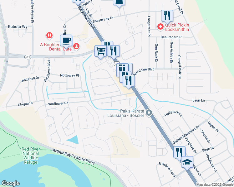 map of restaurants, bars, coffee shops, grocery stores, and more near 207 Radbrook Drive in Bossier City