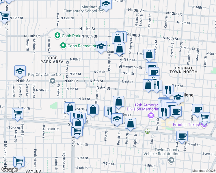 map of restaurants, bars, coffee shops, grocery stores, and more near 1750 North 5th Street in Abilene