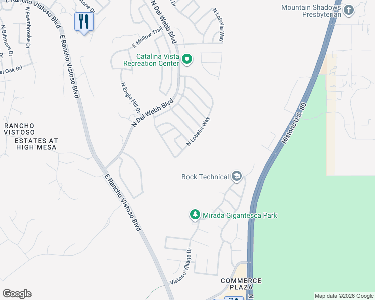 map of restaurants, bars, coffee shops, grocery stores, and more near 13706 North Lobelia Way in Oro Valley