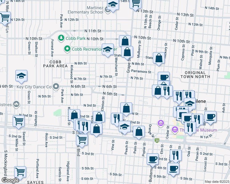 map of restaurants, bars, coffee shops, grocery stores, and more near 1733 North 5th Street in Abilene