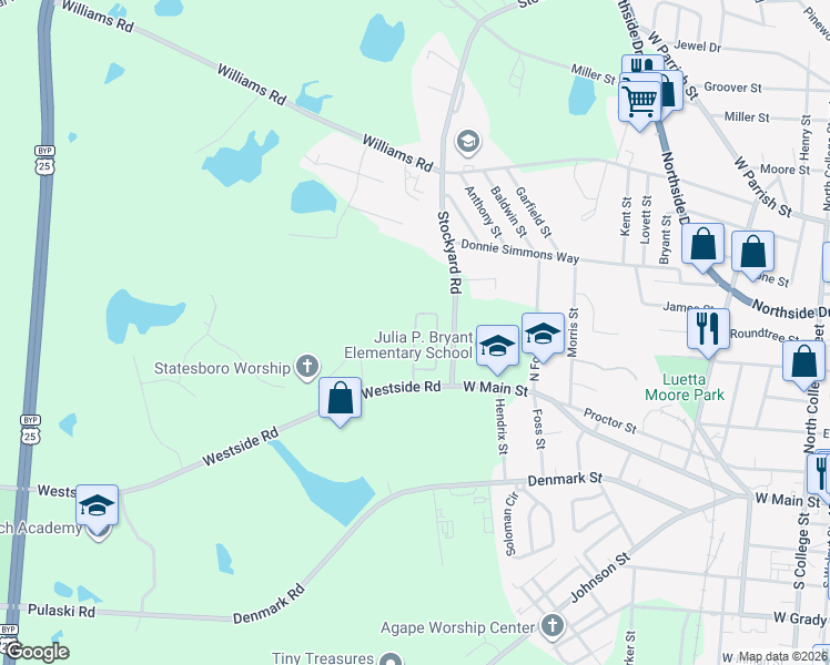 map of restaurants, bars, coffee shops, grocery stores, and more near 12 Grove Circle in Statesboro