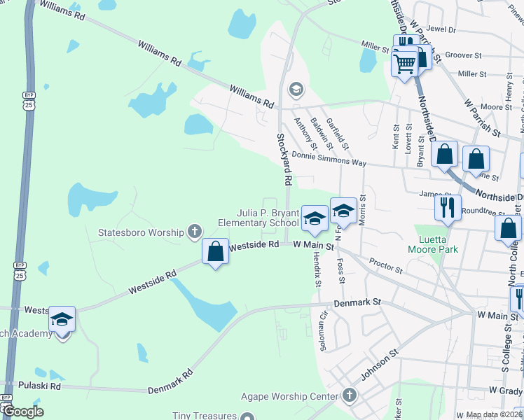 map of restaurants, bars, coffee shops, grocery stores, and more near 1 Grove Circle in Statesboro