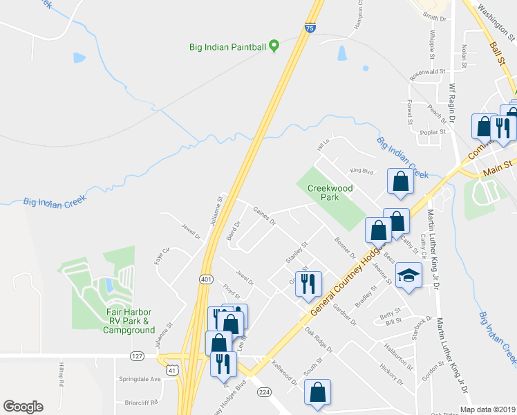 map of restaurants, bars, coffee shops, grocery stores, and more near Baird Drive in Perry