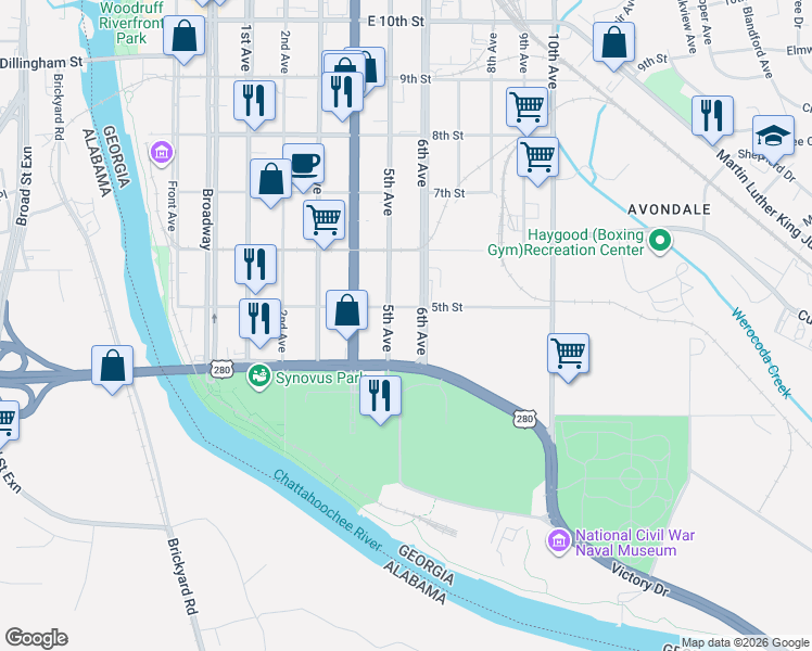 map of restaurants, bars, coffee shops, grocery stores, and more near 411 6th Avenue in Columbus