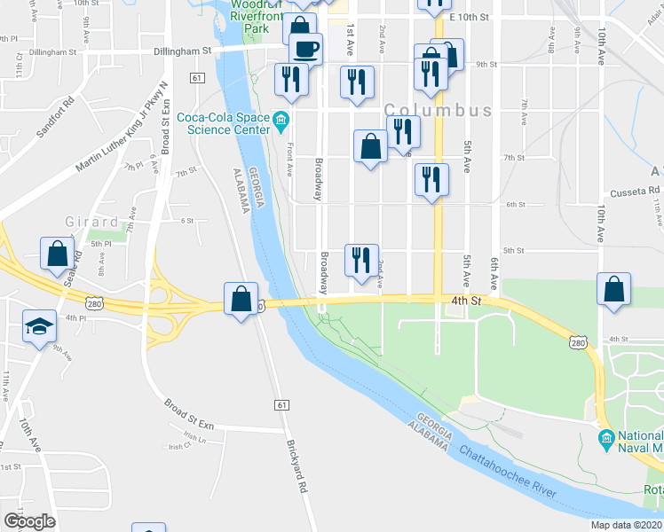 map of restaurants, bars, coffee shops, grocery stores, and more near 416 Broadway in Columbus