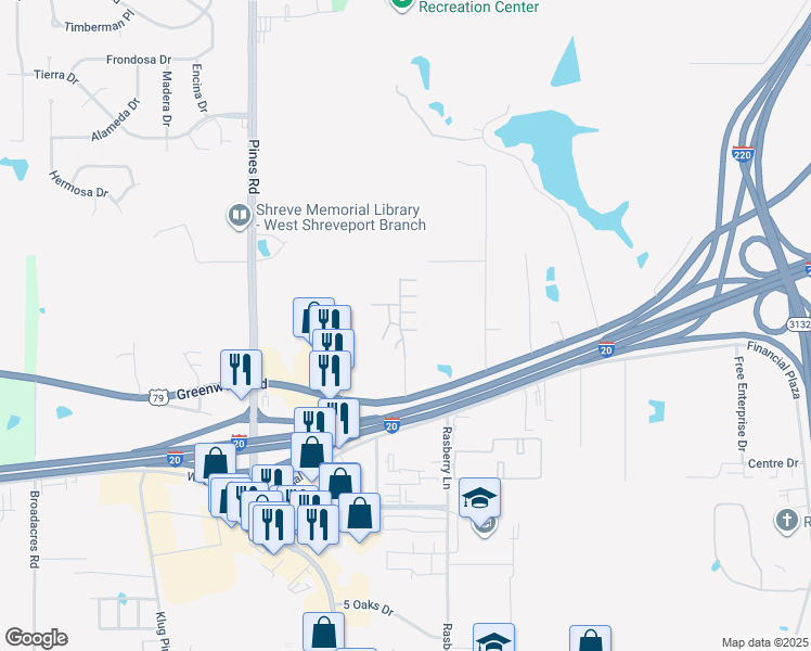 map of restaurants, bars, coffee shops, grocery stores, and more near Danny R Wimberly Drive in Shreveport