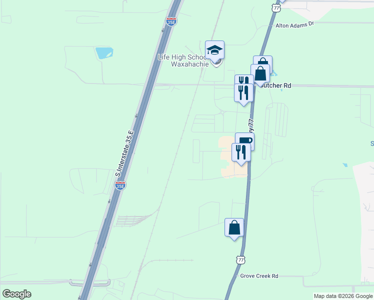 map of restaurants, bars, coffee shops, grocery stores, and more near 2825 Aspen Way in Waxahachie