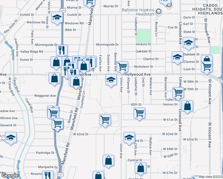 map of restaurants, bars, coffee shops, grocery stores, and more near 5950 Union Avenue in Shreveport